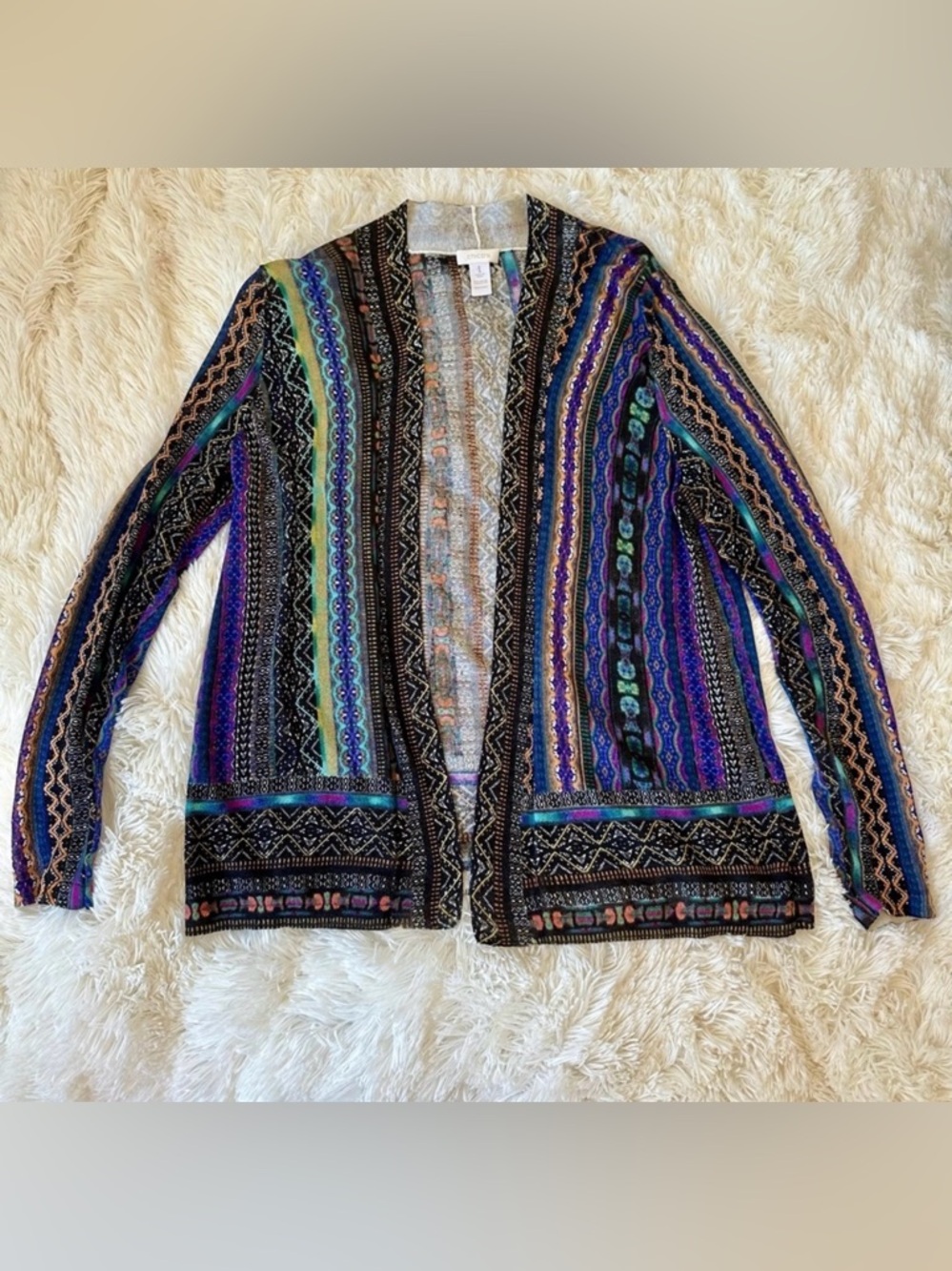 CHICO’S Black Purple Blue Striped Open Front Cardigan Sweater Boho Size 1 Medium
